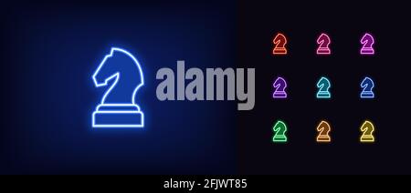 Icona cavaliere al neon chessmen. Simbolo di cavallo al neon brillante, pezzo a forma di scacchi, silhouette dai colori vivaci. Gioco di scacchi online, tattiche di strategia sulla scacchiera Illustrazione Vettoriale