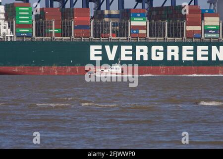 Harwich Haven Pilot St Christopher entrando a Harwich Haven e passando la nave Evergreen saluto mai con le banchine Felixstowe sullo sfondo. Foto Stock