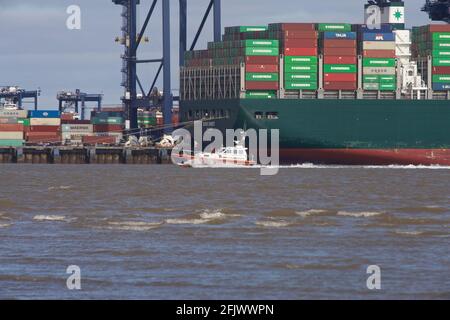 Harwich Haven Pilot St Christopher entrando a Harwich Haven e passando la nave Evergreen saluto mai con le banchine Felixstowe sullo sfondo. Foto Stock