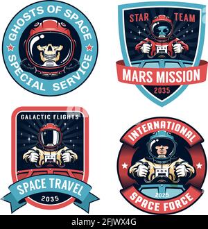 Set di badge spaziali con astronauta Illustrazione Vettoriale
