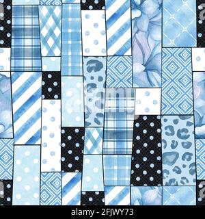 Imitazione trendy cucito pezzi di tessuto in stile patchwork. Motivo senza giunture disegnato a mano con acquerello. Texture collage con geometric, floreale, leopardo pr Foto Stock