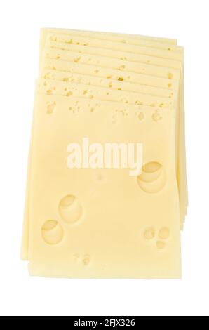 Formaggio Emmental, fette di panino, dall'alto. Emmental lavorato a fette, anche Emmenthal, un formaggio giallo, medio-duro con buchi. Foto Stock