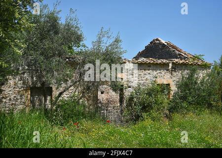 Antica casa rurale abbandonata rovine di pietra a Poulithra, un villaggio tradizionale di Arcadia nel Peloponneso, Grecia. Foto Stock