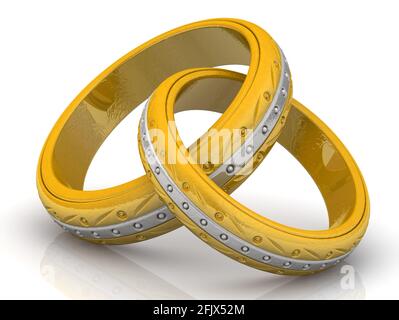 Anelli di nozze. Due anelli di nozze dorati giacciono su una superficie bianca. Illustrazione 3D Foto Stock