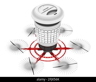 Consegna di bevande calde in tazza termica con copter. Un veicolo aereo senza equipaggio con sei eliche trasportano una tazza termica con bevanda calda Foto Stock