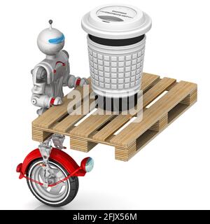 Consegna di bevande calde in thermo mug utilizzando un cyborg. Robot sul trasporto monorirotato una grande tazza termica con bevanda calda. Illustrazione 3D Foto Stock