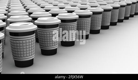 Un sacco di tazzine termiche per bevande calde. Ci sono un sacco di thermo tazze nero e bianco per bevande calde stand in una fila. Illustrazione 3D Foto Stock
