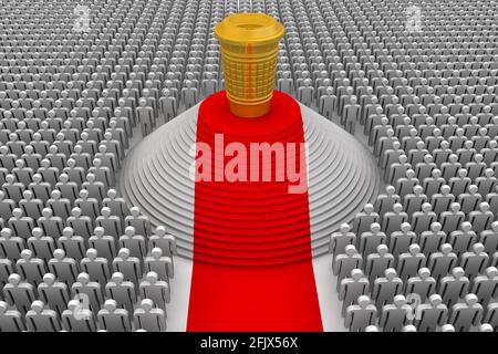 Coppa vincitrice di bevande da asporto. Una coppa d'oro a forma di tazza termica per bevande calde si trova su un piedistallo con un tappeto rosso circondato da molte persone. Foto Stock