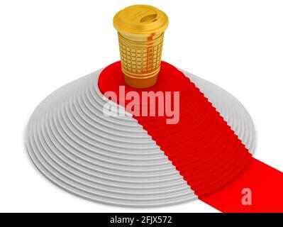 Coppa vincitrice di bevande da asporto. Una coppa d'oro a forma di tazza termica per bevande calde si trova su un piedistallo con un tappeto rosso. La cerimonia di premiazione Foto Stock