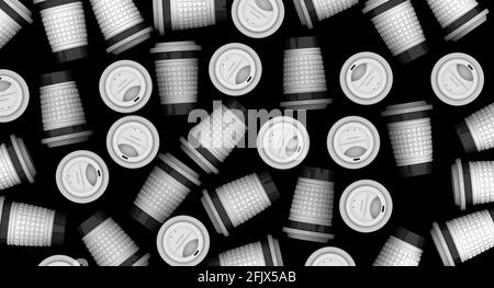 Un sacco di tazze di cartone per le bevande calde. Un sacco di tazze di cartone monouso in bianco e nero per le bevande calde su superficie nera. Illustrazione 3D Foto Stock