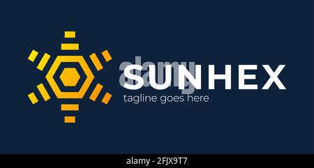 Logo vettoriale dell'ingranaggio esagonale centrale. Creative Morning Modern Sun con modello di design con logo Gear. Illustrazione Vettoriale