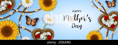 Striscione felice del giorno della madre con fiori, farfalle e nidi a forma di cuore Illustrazione Vettoriale