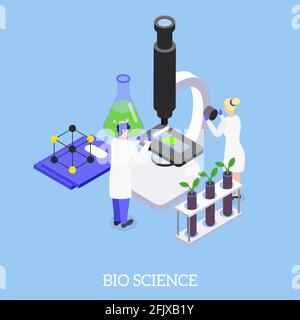 Bioscienza composizione isometrica di fondo con microscopio elettronico che permette genetico ricerche ingegneristiche manipolano piante dna vettore illustratio Illustrazione Vettoriale