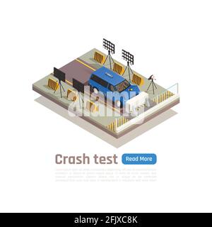 Crash test di sicurezza auto composizione isometrica con testo modificabile e. vista dell'auto che si schiantano nell'illustrazione vettoriale della barriera Illustrazione Vettoriale