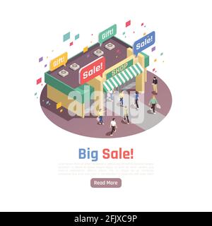 Fidelizzazione dei clienti composizione isometrica con immagine rotonda del negozio costruzione con segni di vendita e illustrazione del vettore della gente Illustrazione Vettoriale