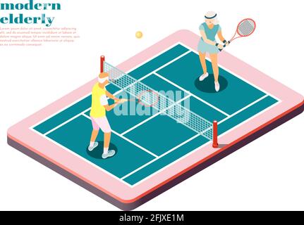 Anziani moderni composizione isometrica con uomini e donne giocare a tennis su campo illustrazione vettoriale Illustrazione Vettoriale