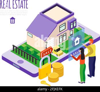 Isometrica città edifici composizione immobiliare con immagini concettuali di residenza privata persone monete e serratura vettore illustrazione Illustrazione Vettoriale