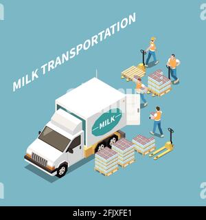 Concetto di trasporto e logistica del latte con simboli isometrici dei prodotti lattiero-caseari illustrazione vettoriale Illustrazione Vettoriale