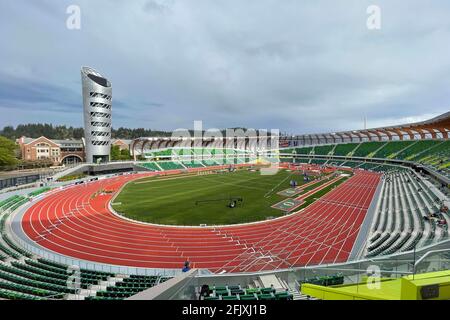 Una visione generale di Hayward Field nel campus dell'Università dell'Oregon, venerdì 23 aprile 2021, a Eugene, Ore. lo stadio servirà come sito Foto Stock