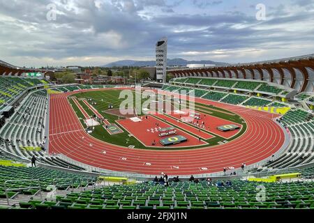 Una visione generale di Hayward Field nel campus dell'Università dell'Oregon, venerdì 23 aprile 2021, a Eugene, Ore. lo stadio servirà come sito Foto Stock