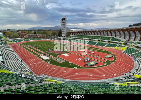 Una visione generale di Hayward Field nel campus dell'Università dell'Oregon, venerdì 23 aprile 2021, a Eugene, Ore. lo stadio servirà come sito Foto Stock