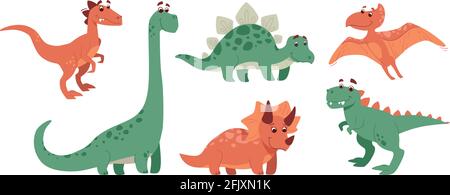 Set divertente di dinosauri. Stegosaurus, triceratops, brachiosaurus, brontosaurus, velociraptor, pteranodon, tirannosauro rex. I dinos sorridono allegro. Raccolta di animali preistorici. Vettore Illustrazione Vettoriale