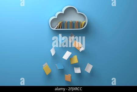 Accesso allo storage cloud. Il cloud da cui vengono scaricati i file e le cartelle. Sfondo blu. rendering 3d. Foto Stock