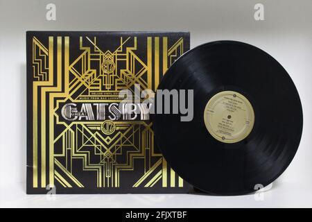 La colonna sonora di Great Gatsby su disco LP in vinile della colonna sonora del film. Musica jazz. Il film è basato sul romanzo di F. Scott Fitzgerald. Foto Stock