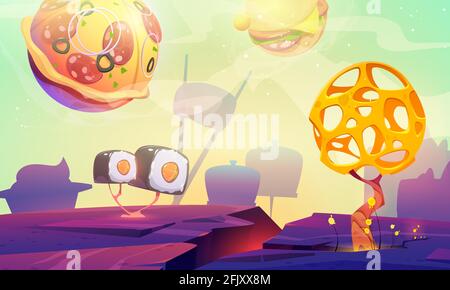 Cartoni animati Fast food Planet con pizza, burger sfere e sushi su paesaggi alieni con bizzarro albero. Cosmic fantasy game, avventura spaziale, divertente mondo ui grafica disegno vettore web banner Illustrazione Vettoriale