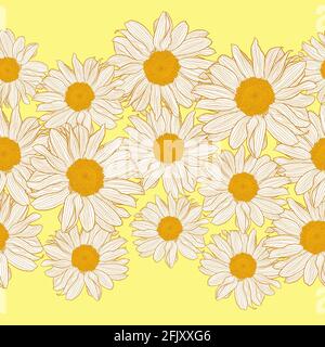 Vettore bordo senza giunture di fiori di camomilla bianchi e arancioni su sfondo giallo chiaro. Stampa decorativa per carta da parati, avvolgenti, tessuti, tessuti di moda o altre copertine stampabili. Illustrazione Vettoriale