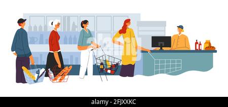 Persone in linea nel vettore supermercato Illustrazione Vettoriale