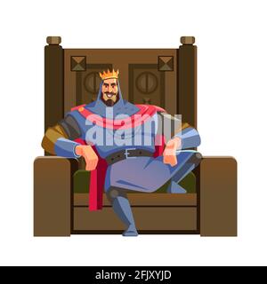 Re cartoon. Maestà felice re personaggio sul trono, con corona e mantello, cartoon vettore illustrazione isolato in bianco sfondo Illustrazione Vettoriale