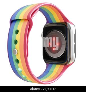 Custodia in alluminio argento da 44 mm per Apple Watch serie 6 Sport con fascia sportiva e app di attività sul display. Isolato su sfondo bianco. Foto Stock