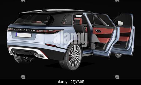 range rover velar con interni e sfondo nero Foto Stock