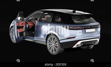 range rover velar con interni e sfondo nero Foto Stock