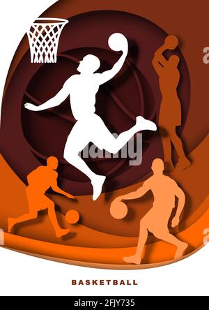 Giocatore di basket con silhouette a palla, illustrazione vettoriale in stile arte della carta. Slam dunk sparato, dribble, rimbalzo, salto. Illustrazione Vettoriale