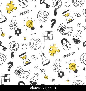 Puzzle e indovinelli. Disegno senza giunture disegnato a mano con crossword puzzle, labirinto, cervello, scacchi pezzo, lampadina, labirinto, ingranaggio, blocco e chiave Illustrazione Vettoriale