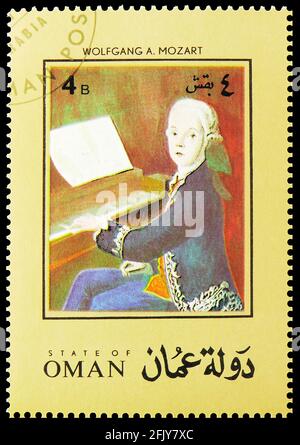 MOSCA, RUSSIA - 16 NOVEMBRE 2019: Francobollo stampato a Cinderellas (Oman) mostra Mozart, Oman (Stato di) serie, 4 - Omani baisa, circa 1972 Foto Stock