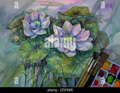 acquerello, pittura, classe d'arte fiori di loto Foto Stock