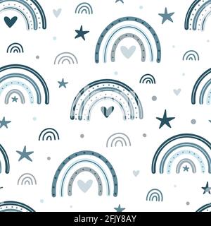 Arcobaleni, stelle e cuori motivo senza cuciture. Carino elementi astratti texture design per tessuto e carta. Illustrazione vettoriale in stile scandinavo disegnata a mano Illustrazione Vettoriale