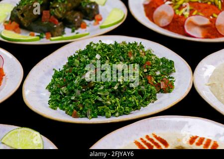 le mezze alimentari arabiche libanesi, comprendono hummus, muhammara, moutabal, taboule e foglie di vite Foto Stock