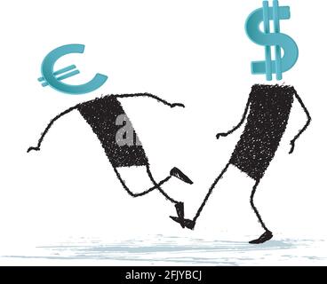 Illustrazione con due figure del bastone, una ha in mente il segno del dollaro, l'altro simbolo dell'euro. Il dollaro mette scattato l’euro. Illustrazione Vettoriale