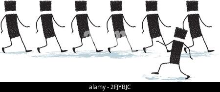 Molte persone camminano nella stessa direzione. Solo una persona osa camminare nella direzione opposta. Cammina felice, fiducioso. Illustrazione Vettoriale