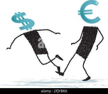 Illustrazione con due figure del bastone, una ha in mente il segno del dollaro, l'altro simbolo dell'euro. L’euro ha fatto scattare il dollaro. Illustrazione Vettoriale