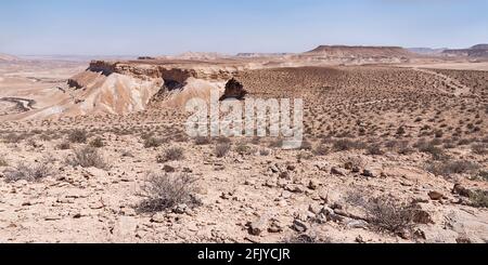 vista dell'altopiano di Ramat Divshon, sopra la valle di Zin in Israele, con vegetazione desertica sparsa, scogliere e un sentiero escursionistico con un cielo sfavillante Foto Stock