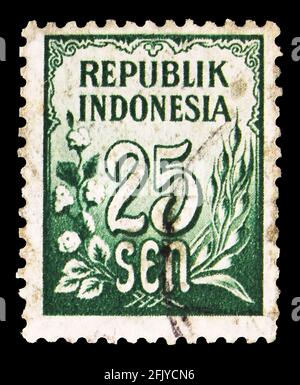 MOSCA, RUSSIA - 27 SETTEMBRE 2019: Francobollo stampato in Indonesia spettacoli riso e cotone, 25 indonesiano sen, serie, circa 1951 Foto Stock
