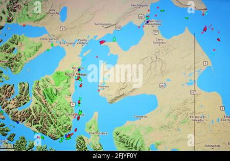 mappa del traffico marittimo nello stretto di Magellan sul traffico marittimo sito internet Foto Stock