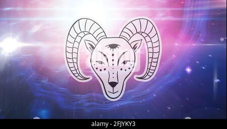 Immagine del segno zodiacale aries in bianco e nero stelle su sfondo da rosa a viola Foto Stock