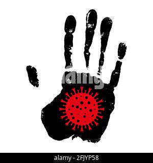 Fermare il virus corona. Concetto di mano con il simbolo del virus. Stop e simbolo Covid-19. Isolato su sfondo bianco. Stile piatto. Illustrazione vettoriale Illustrazione Vettoriale