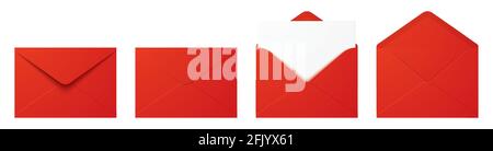 Insieme vettoriale di buste rosse realistiche in posizioni diverse. Mockup delle buste ripiegate e non piegate isolato su uno sfondo bianco. Illustrazione Vettoriale